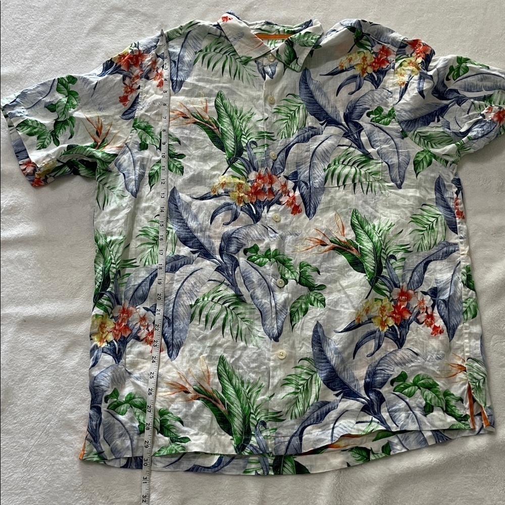 Tommy Bahama Tropical Print Shirt - Green and Orange Accents - Picture 11 of 13